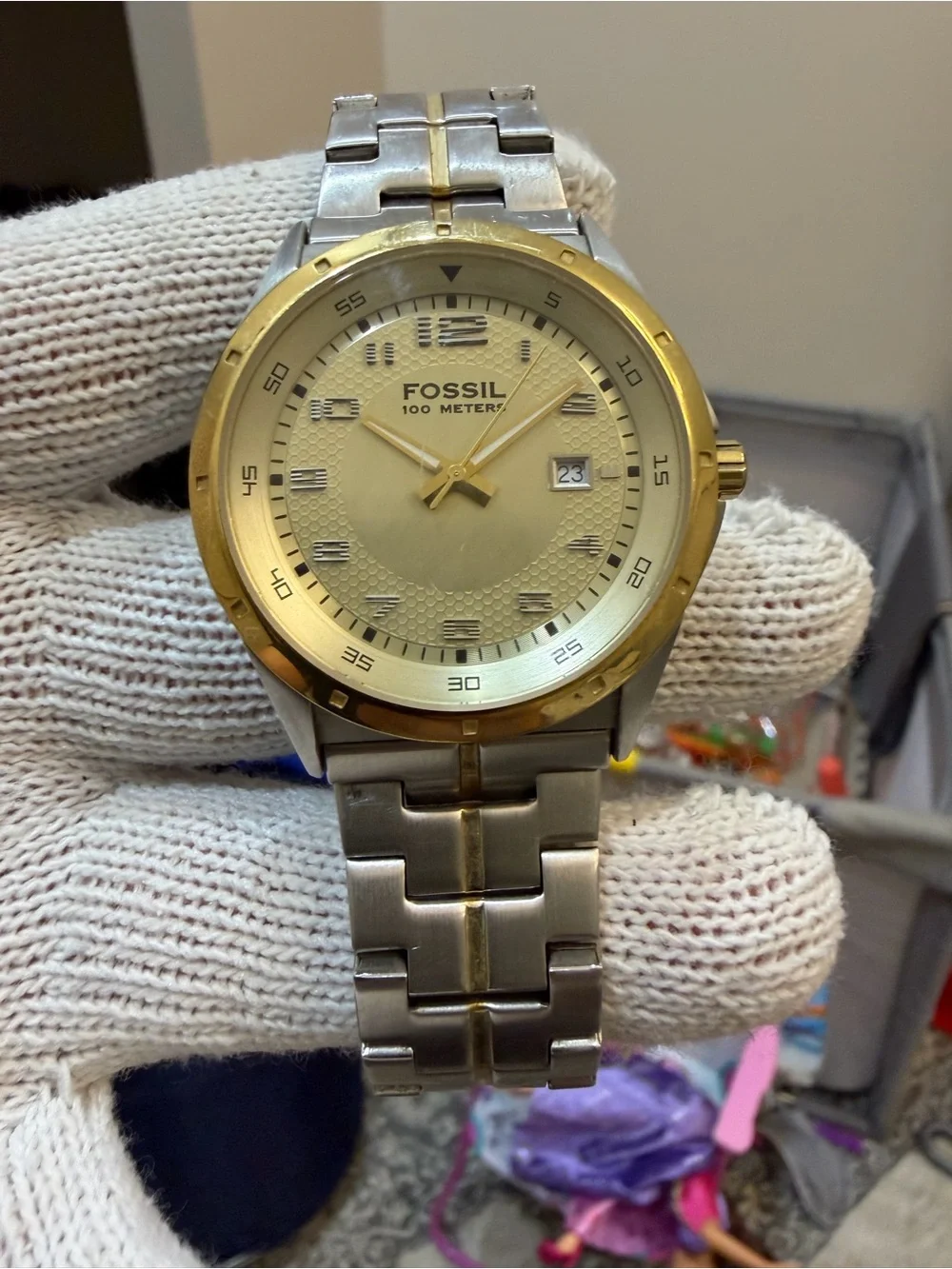 Fossil PR-5363 Men's 100M Two-Tone Stainless Steel Gold Honeycomb Dial Watch
